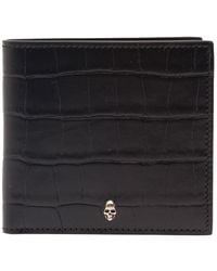 Alexander McQueen - Black Bi-fold Wallet With Mini Skull Patch In Croco Embossed Leather - Lyst