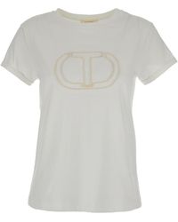 Twin Set - T-Shirt Girocollo Con Logo Ricamato Bianca - Lyst