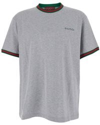 Gucci - T-Shirt Girocollo Con Dettagli Web Sui Bordi E Logo Lettering In - Lyst