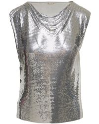 Rabanne - Silver-colored Sleeveless Top With Draped Neckline In Metal Mesh - Lyst