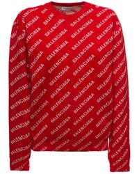 Balenciaga Woman's Crew Neck Cotton Knit Pullover With Allover Logo - Red