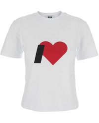 MSGM - Crewneck T-Shirt With Print On The Front And Logo Lettering - Lyst