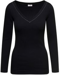 Brunello Cucinelli - Black V-neck Pullover With Beads Detailing In Stretch Cotton Woman - Lyst