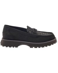 Fendi Mocassino o'lock con motivo logo e grigio in cotone e pelle uomo - Nero