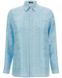 Versace - Camicia con stampa barocco tono su tono in seta azzurro - Lyst
