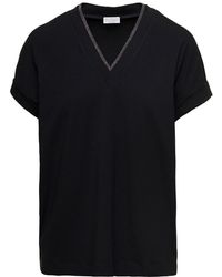 Brunello Cucinelli - T-shirt con dettaglio monile e scollo a v in cotone stretch donna - Lyst