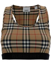 Burberry - Beige Sports Bra With Vintage Check Motif In Jersey Woman - Lyst