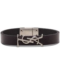 Saint Laurent - Brown Leather Bracelet With Metal Logo - Lyst