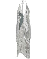 ROTATE BIRGER CHRISTENSEN - Midi Silver Dress With Fringes And Paillettes In Stretch Fabric Woman - Lyst