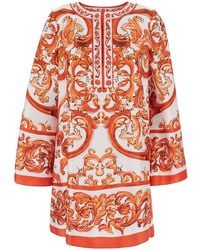 Dolce & Gabbana - Dolce & Gabbana Mini Dress With Wide Long Sleeves And Maiolica Motif All-Over - Lyst