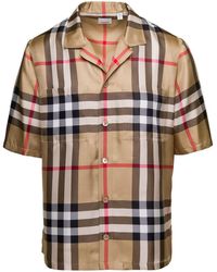 Burberry - Brown Bowling Shirt With All-over Checkered Print In Silk Man - Lyst