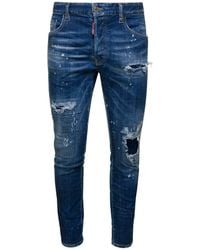 DSquared² - 'skater' Light Blue Five-pocket Jeans With Rips And Bleach Effect In Stretch Cotton Denim Man - Lyst