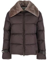 Fendi - Down Jacket With Shearling Collar And Logo Patch On The Front - Lyst