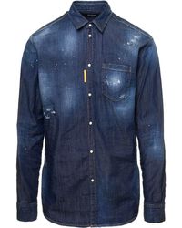 DSquared² Camicia in denim con lavaggio used e macchie di colore in cotone uomo - Blu