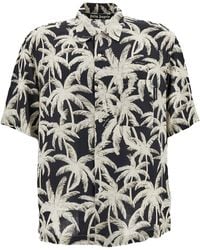 Palm Angels - Black And White Short Sleeve Shirt With All-over Palm Print In Viscose Man - Lyst