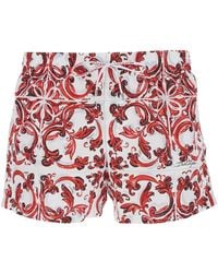 Dolce & Gabbana - Dolce & Gabbana Bordeaux Swim Shorts With Elasticated Waist And Drawstring And All-Over Majolica Print - Lyst