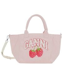 Ganni - Borsa Shopping Piccola Con Stampa Lampone E Logo Lettering Sul F - Lyst