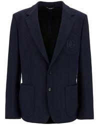 Dolce & Gabbana - Blue Single-breasted Jacket With Tonal Dg Logo Embroidery In Viscose Blend Man - Lyst