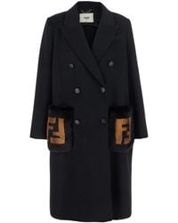 Fendi - Cappotto Doppiopetto Con Logo Ff Sulle Tasche - Lyst