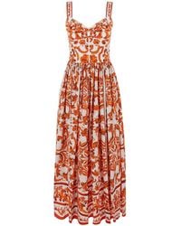 Dolce & Gabbana - Dolce & Gabbana Long Dress With Bodice With Built-In Cups And All-Over Maiolica Print - Lyst