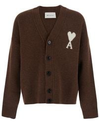 Ami Paris - Cardigan With V-Neck And Adc Embroidery On The Front - Lyst