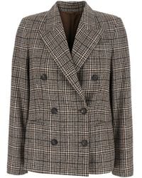 Brunello Cucinelli - Double-Breasted Jacket With Peak Revers And All-Over Check Motif Wool For Blazers - Lyst