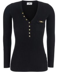 Elisabetta Franchi - Black V-neck Sweater With Logo Plaque On The Front In Fabric Woman - Lyst