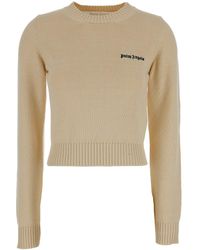 Palm Angels - Cream Crewneck Sweater With Embroidered Logo - Lyst