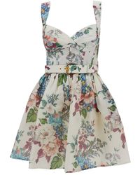 Zimmermann - Mini Multicolor Dress With Belt And Floreal Print In Linen And Silk Woman - Lyst
