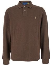 Polo Ralph Lauren - "slim Fit" Brown Polo Shirt With Long Sleeves And Pony Embroidery On The Front In Cotton Man - Lyst