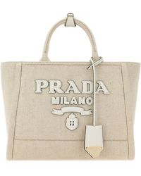 Prada - Borsa shopping in tela sabbia - Lyst
