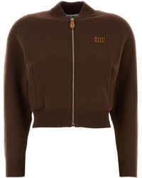 Miu Miu - Cardigan in misto cashmere stretch marrone - Lyst