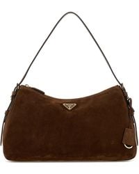 Prada - Borsa a spalla Aimèe grande in pelle scamosciata marrone - Lyst