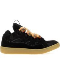 Lanvin - Black Leather And Fabric Curb Sneakers - Lyst