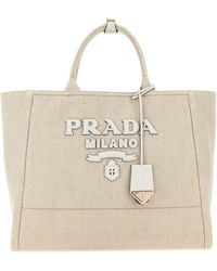 Prada - Borsa shopping in tela sabbia - Lyst