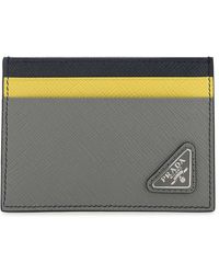 Prada Leather Saffiano Triangle Card Case With Money Clip in Black 