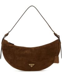 Prada - Borsa a tracolla Demi-lune grande in pelle scamosciata marrone - Lyst