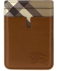 Burberry - Brown Leather Pop Check Card Holder - Lyst