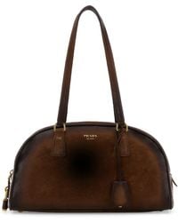Prada - Borsa a spalla Bowling media in pelle scamosciata marrone - Lyst