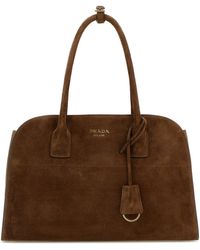 Prada - Borsa shopping media in pelle scamosciata marrone - Lyst