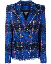 Balmain Blazer doppiopetto blu in tartan di tweed con bottoni dorati