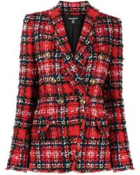 Balmain Blazer in tweed misto lana tartan - Rosso