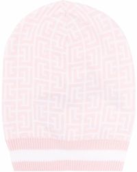 Balmain Pale Pink And White Wool Beanie With Monogram