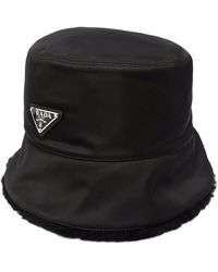 Prada Black Nylon And Shearling Bucket Hat