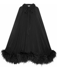 Saint Laurent Black Long Cape In Silk Crepe Muslin And Ostrich Feathers