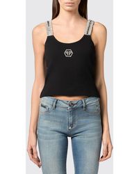 Philipp Plein - Cropped Cotton Top With Jewel Straps And Rhinestone Logo - Lyst