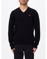 Fred Perry - V-Neck Wool And Cotton Blend Jumper With Embroidered Logo - Lyst