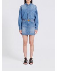 Elisabetta Franchi - Stretch Denim Mini Shirtdress With Embroidered Logo - Lyst