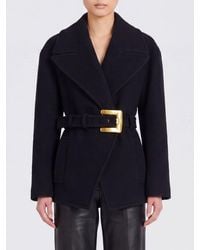 Balmain - Belted Short Wool Caban Coat With Lapel Collar - Lyst
