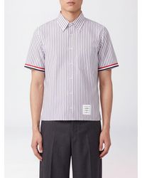 Thom Browne - Short-Sleeved Striped Cotton Shirt With Button-Down Collar - Lyst